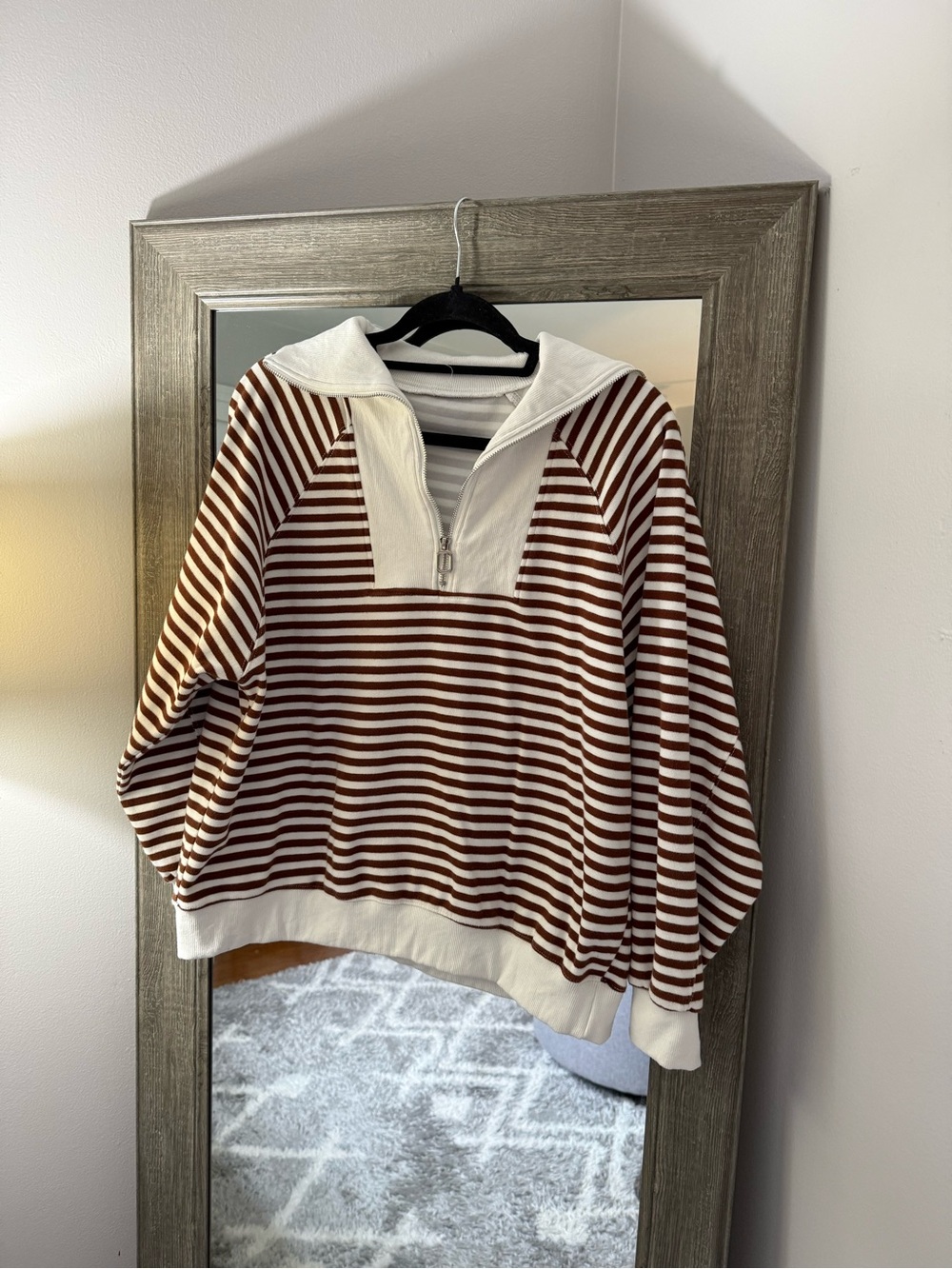 Striped Quarter-Zip Pullover in Brown and White Size Large
